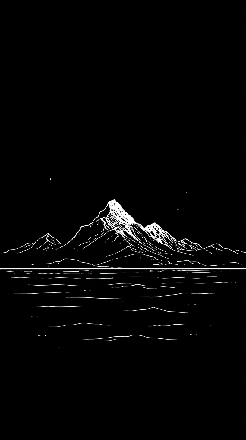 Black and White Line Art Mountains and Sea