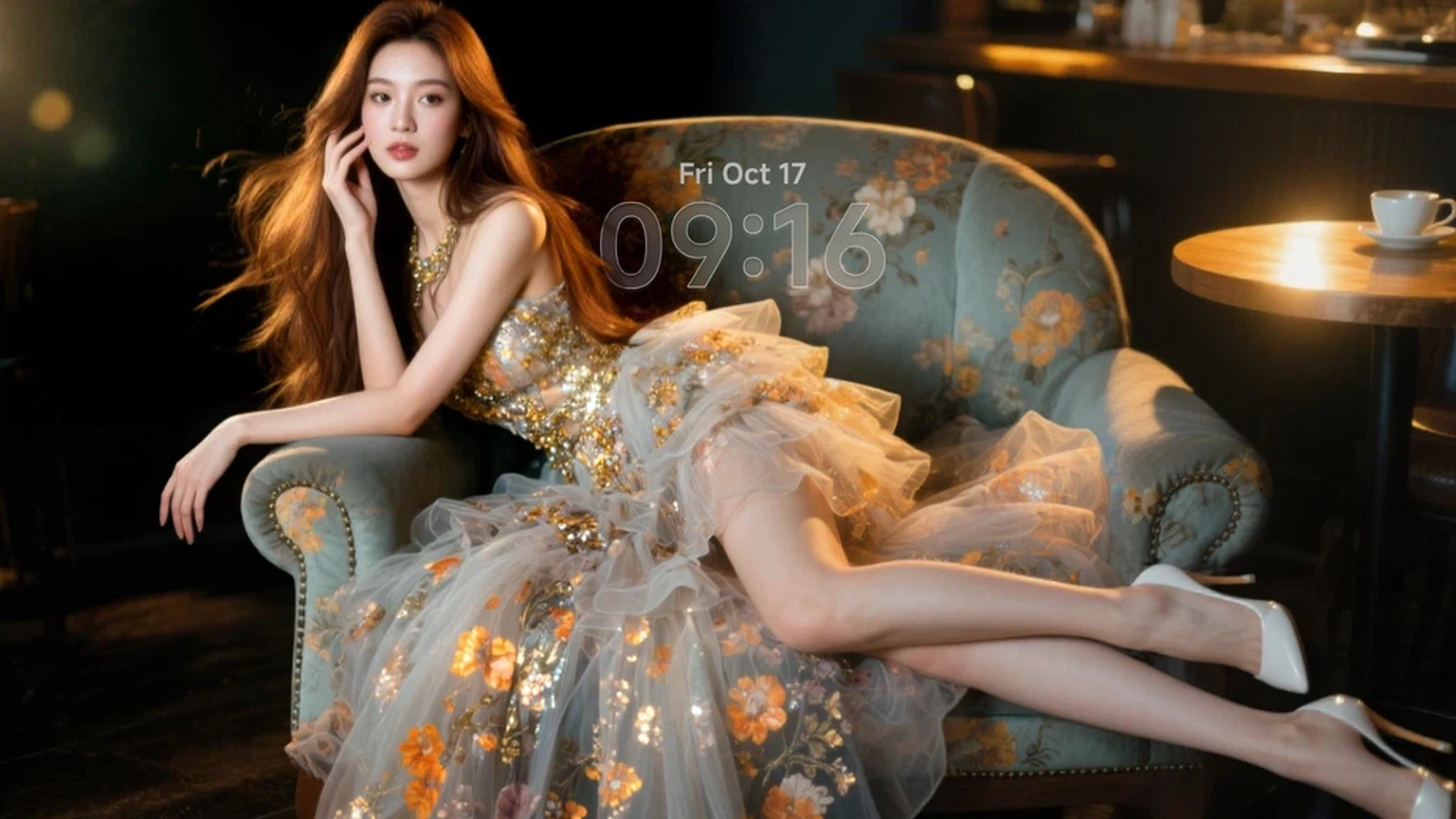 Golden Gown on Vintage Sofa