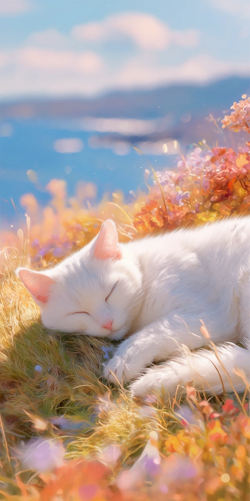 Sleeping White Cat by the Sea
