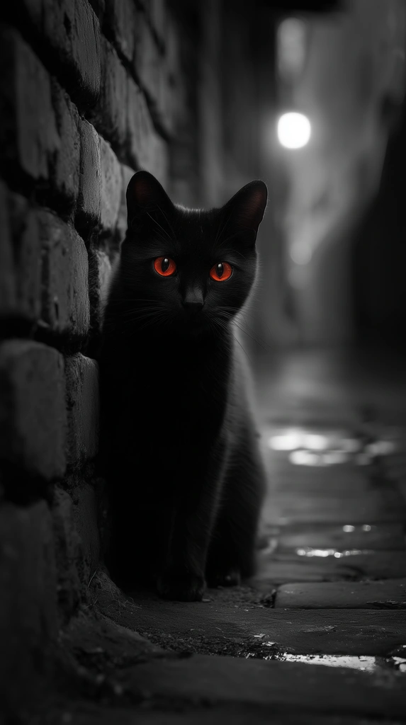 Red-Eyed Black Cat in the Alley