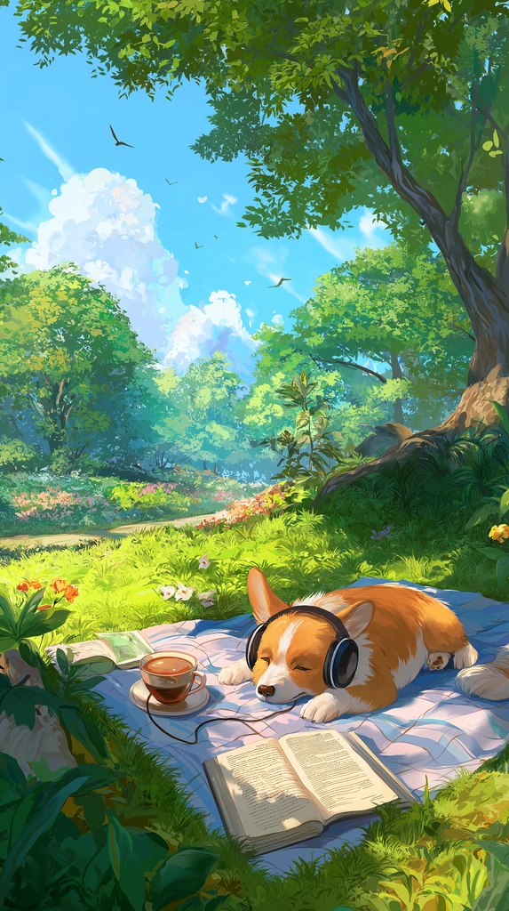 Corgi Napping on a Sunny Forest Afternoon