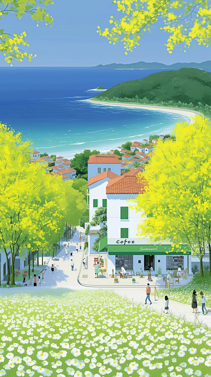 Spring Cafe Street in a Seaside Town