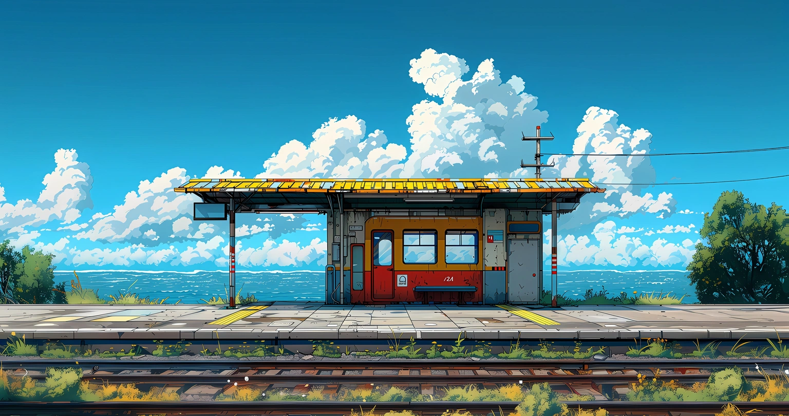 Summer Train at the Seaside Station