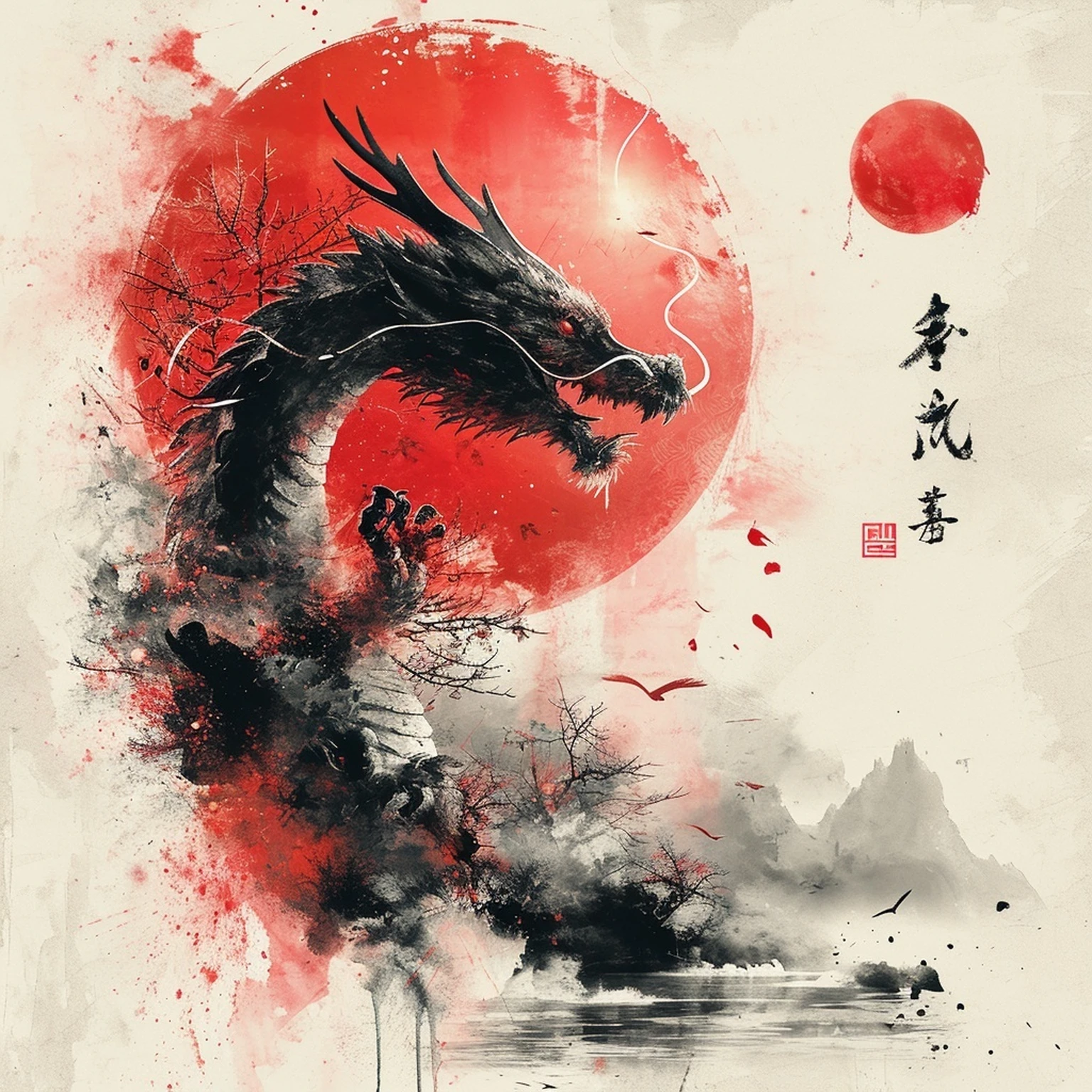 Ink Dragon Under Red Sun