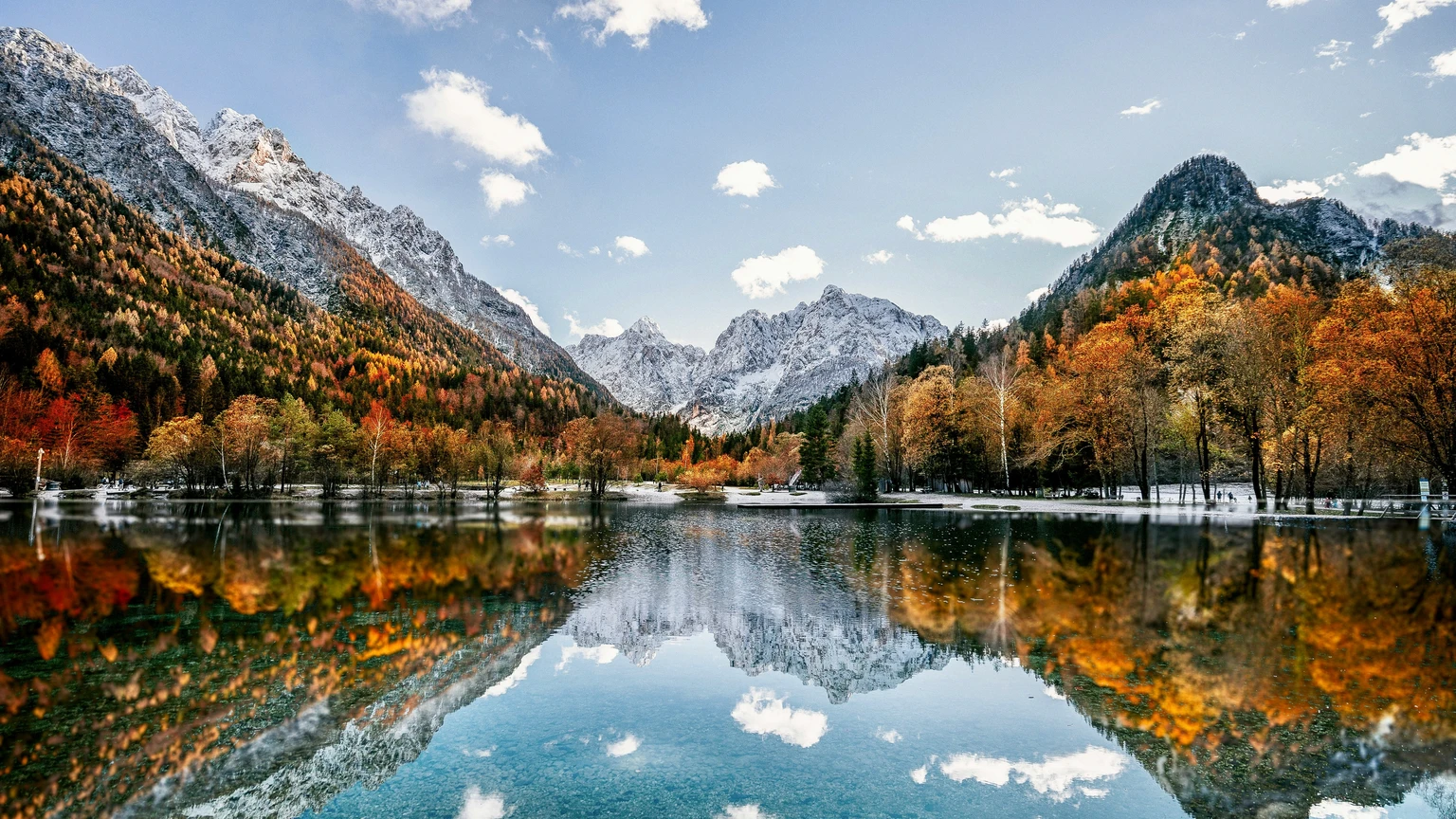 Autumn Lake beneath Snowy Peaks