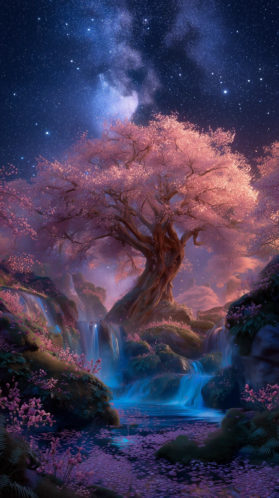 Dreamlike Sakura Tree Under the Stars